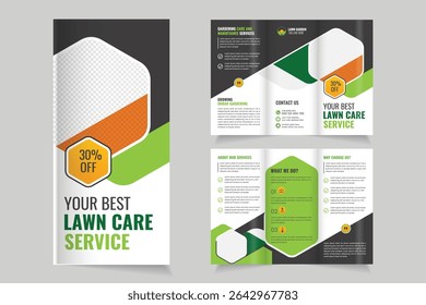  Lawn Care Trifold Brochure Template, Gardening or Landscaper Tri Fold Brochure Design, Lawn Mower Garden or Landscaping Agricultural service Design
