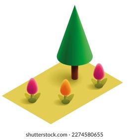 lawn with a Christmas tree and flowers made of geometric shapes