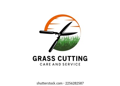 Lawn cutting shears logo design, care lawn vector illustration