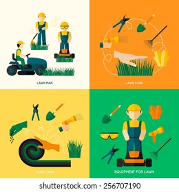 Lawn Design Concept Set With Worker Man Plant Equipment And Care Flat Icons Isolated Vector Illustration