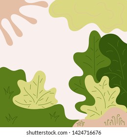 Lawn, edge of the forest. Children's drawing, hand-drawn. Pastel color. Place for your text, vector illustration.