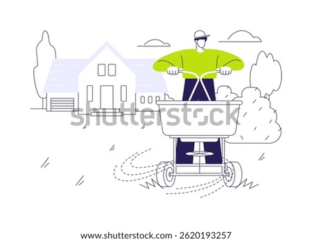 Lawn fertilization abstract concept vector illustration. Gardener in uniform deals with lawn fertilization using special equipment, exterior works, meadow maintenance abstract metaphor.