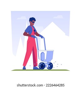 Lawn fertilization isolated concept vector illustration. Gardener in uniform deals with lawn fertilization using special equipment, exterior works, meadow maintenance vector concept.