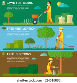 Lawn fertilizing. Tree fertilization. Tree injections. Fertilizer bag. Vector illustration.