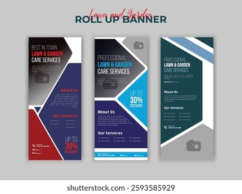 Lawn and garden care services roll-up banner with a professional maintenance template Expert landscaping design with vector elements gardening tools lush greenery eco-friendly solutions and quality.