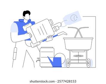 Lawn and garden equipment rental isolated cartoon vector illustrations. Smiling man renting a garden sprayer in shop, household equipment, small business, gardening tool rental vector cartoon.