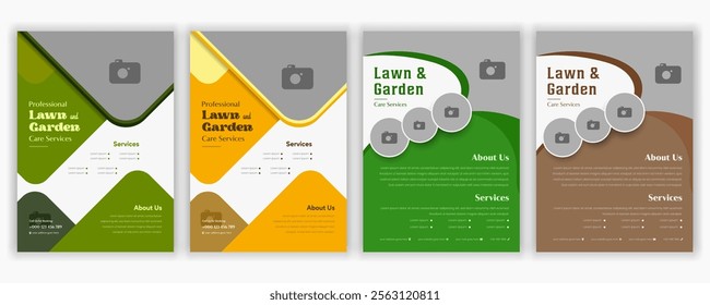 Lawn Garden Flyer Template. Business Flyer poster pamphlet brochure cover design layout, A4 size leaflet, grass, equipment, gardener, care, grass, clean, cutting, agriculture, plantation eps 10.