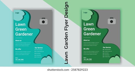 Lawn Garden Flyer Template. Business Flyer poster pamphlet brochure cover design layout, A4 size leaflet, grass, equipment, gardener, care, grass,