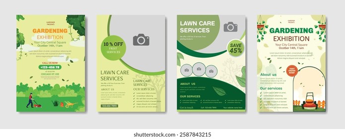 Lawn Garden Flyer Template. Business Flyer poster pamphlet brochure cover design layout, A4 size leaflet, grass, equipment, gardener, care, grass, clean, cutting, agriculture, plantation eps 10.