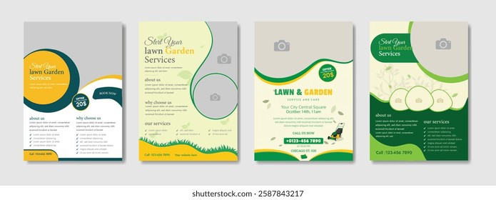 Lawn Garden Flyer Template. Business Flyer poster pamphlet brochure cover design layout, A4 size leaflet, grass, equipment, gardener, care, grass, clean, cutting, agriculture, plantation eps 10.