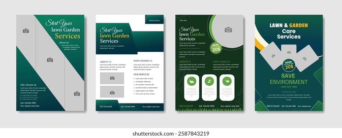 Lawn Garden Flyer Template. Business Flyer poster pamphlet brochure cover design layout, A4 size leaflet, grass, equipment, gardener, care, grass, clean, cutting, agriculture, plantation eps 10.