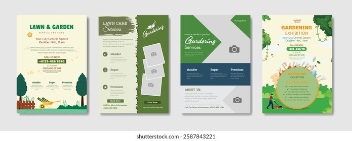 Lawn Garden Flyer Template. Business Flyer poster pamphlet brochure cover design layout, A4 size leaflet, grass, equipment, gardener, care, grass, clean, cutting, agriculture, plantation eps 10.