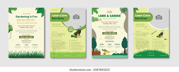 Lawn Garden Flyer Template. Business Flyer poster pamphlet brochure cover design layout, A4 size leaflet, grass, equipment, gardener, care, grass, clean, cutting, agriculture, plantation eps 10.