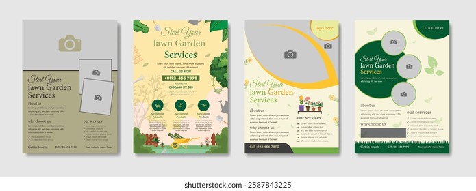 Lawn Garden Flyer Template. Business Flyer poster pamphlet brochure cover design layout, A4 size leaflet, grass, equipment, gardener, care, grass, clean, cutting, agriculture, plantation eps 10.