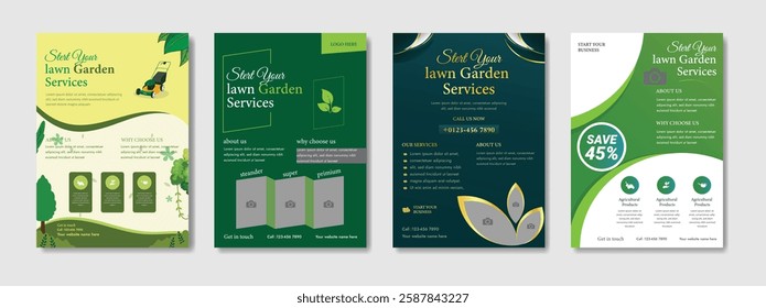 Lawn Garden Flyer Template. Business Flyer poster pamphlet brochure cover design layout, A4 size leaflet, grass, equipment, gardener, care, grass, clean, cutting, agriculture, plantation eps 10.