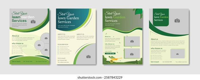 Lawn Garden Flyer Template. Business Flyer poster pamphlet brochure cover design layout, A4 size leaflet, grass, equipment, gardener, care, grass, clean, cutting, agriculture, plantation eps 10.