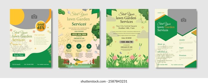 Lawn Garden Flyer Template. Business Flyer poster pamphlet brochure cover design layout, A4 size leaflet, grass, equipment, gardener, care, grass, clean, cutting, agriculture, plantation eps 10.