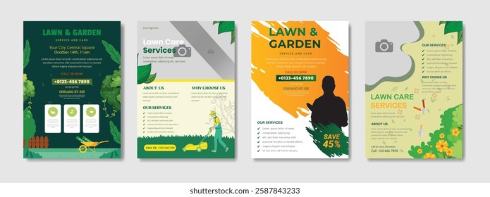 Lawn Garden Flyer Template. Business Flyer poster pamphlet brochure cover design layout, A4 size leaflet, grass, equipment, gardener, care, grass, clean, cutting, agriculture, plantation eps 10.