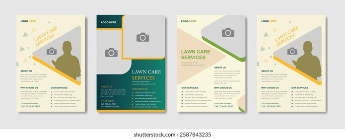 Lawn Garden Flyer Template. Business Flyer poster pamphlet brochure cover design layout, A4 size leaflet, grass, equipment, gardener, care, grass, clean, cutting, agriculture, plantation eps 10.