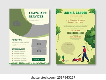 Lawn Garden Flyer Template. Business Flyer poster pamphlet brochure cover design layout, A4 size leaflet, grass, equipment, gardener, care, grass, clean, cutting, agriculture, plantation eps 10.