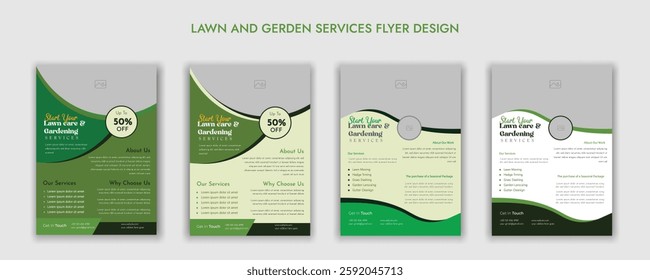 Lawn Garden Flyer Template. Business Flyer poster pamphlet brochure cover design layout, A4 size leaflet, grass, equipment, gardener, care, grass, clean, cutting, agriculture, plantation eps 10.