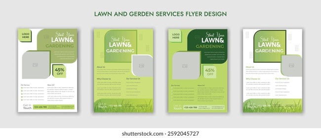 Lawn Garden Flyer Template. Business Flyer poster pamphlet brochure cover design layout, A4 size leaflet, grass, equipment, gardener, care, grass, clean, cutting, agriculture, plantation eps 10.