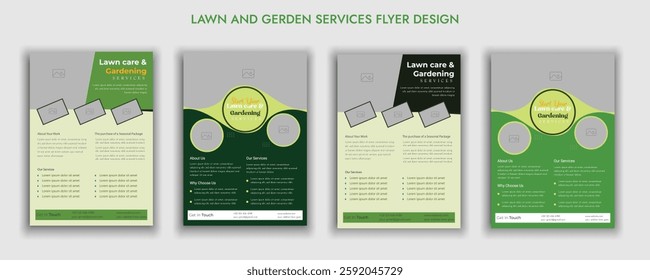 Lawn Garden Flyer Template. Business Flyer poster pamphlet brochure cover design layout, A4 size leaflet, grass, equipment, gardener, care, grass, clean, cutting, agriculture, plantation eps 10.