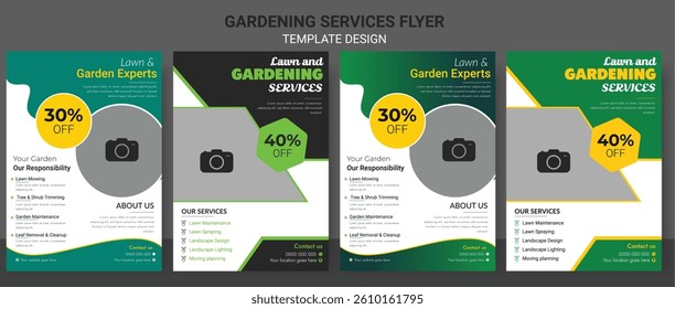 Lawn Garden Flyer Template. Business Flyer poster pamphlet brochure cover design layout, A4 size leaflet, grass, equipment, gardener, care, grass, clean, cutting, agriculture, plantation eps 10