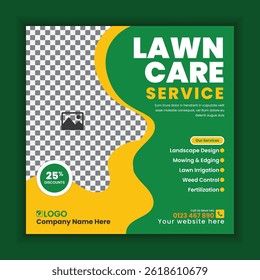 Lawn, Garden, and landscape maintenance service social media post design. Lawnmower square flyer template, Agricultural and farming concept social media post template, web banner template