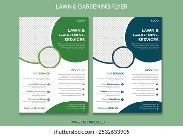 Lawn Garden or Landscaping Service Flyer Template. Business Flyer poster pamphlet brochure cover design layout background, A4 size leaflet, grass, equipment, gardener