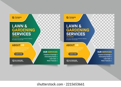 Lawn garden or landscaping service social media post and web banner template design concept