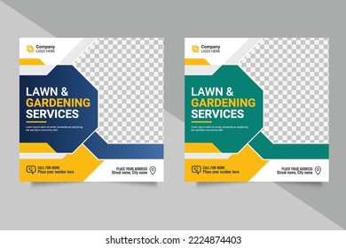 Lawn garden or landscaping service social media post and web banner template design concept