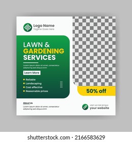 Lawn and Garden Service social media post banner template, Plantation and lawn mowing, and gardening services banner.