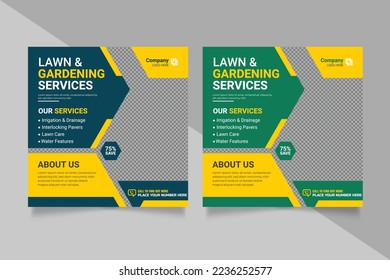 Lawn garden service social media post banner design template with green color