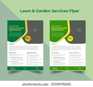 Lawn and gardening service flyer design template. Tree and gardening service poster leaflet design. lawnmower flyer template agriculture clean up cleaning cutting advert gardening grass green brochure