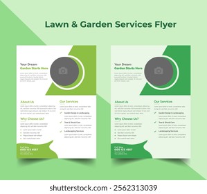 Lawn and gardening service flyer design template. Tree and gardening service poster leaflet design. lawnmower flyer template. cleaning, cutting, care, green, grass, tractor, plant, advert, agriculture