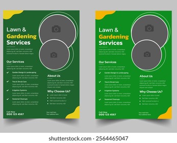 Lawn and gardening service flyer design template. Tree and gardening service poster leaflet design. lawnmower flyer template Agricultural and farming services social media post lawn design clean up