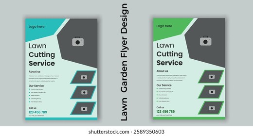 Lawn and gardening service flyer design template.Landscape Gardening Services Lawn flyer , lawn care maintenance design vector layout, poster, leaflet with green gradient back, A4 size leaflet