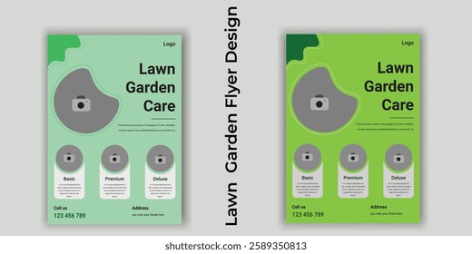 Lawn and gardening service flyer design template.Landscape Gardening Services Lawn flyer , lawn care maintenance design vector layout, poster, leaflet with green gradient back, A4 size leaflet