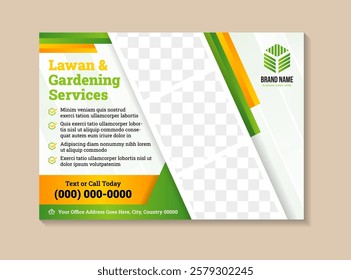 lawn and gardening service online banner template, backyard working company advertisement, horizontal layout ad, campaign webpage, flyer and brochure on diagonal transparent green background.