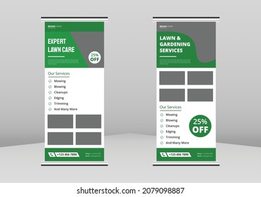 Lawn and gardening service Roll up Banner Design, Tree and gardening service poster leaflet Roll up leaflet template. lawnmower flyer poster DL Flyer, Trend Business Roll Up Banner Design