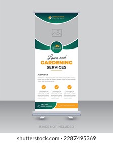 Lawn and gardening service roll up banner design tree and landscaping service poster leaflet flyer popup template