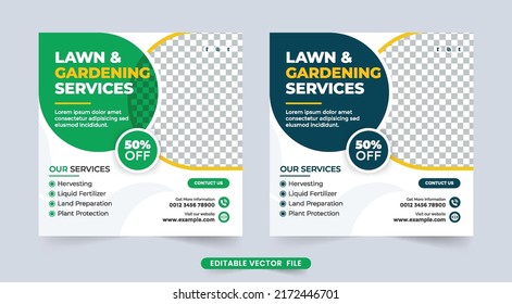 Lawn gardening service social media banner design. Agriculture and farming business advertisement flyer design. Landscaping and lawn mower service promotion social media post template vector.