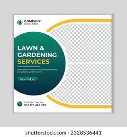 Lawn and gardening service social media post banner template. Gardening and lawn mower service
advertisement social media post.