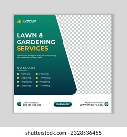 Lawn and gardening service social media post banner template. Gardening and lawn mower service
advertisement social media post.