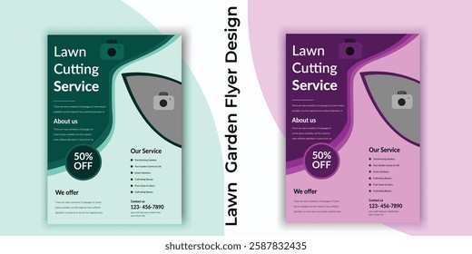 Lawn and gardening service social media post vector. Garden care and lawn mower work promotion template design. Mowing and