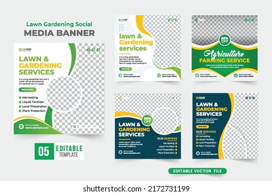 Lawn gardening social media banner template collection. Agriculture farming business service flyer set design. Gardening and lawn mower service advertisement post bundle for social media.