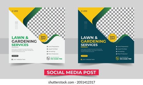 Lawn and gardening social media post design. Agricultural and farming services social media post and web banner template design