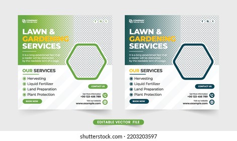 Lawn and gardening social media post vector for marketing. Landscaping and farm management service web banner with green and blue colors. Agro farming service social media template design.