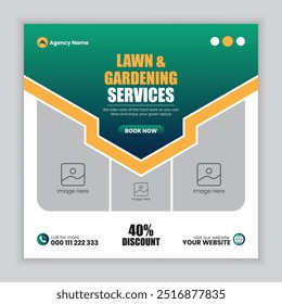 Lawn and gardening social media post design template, vector graphic design